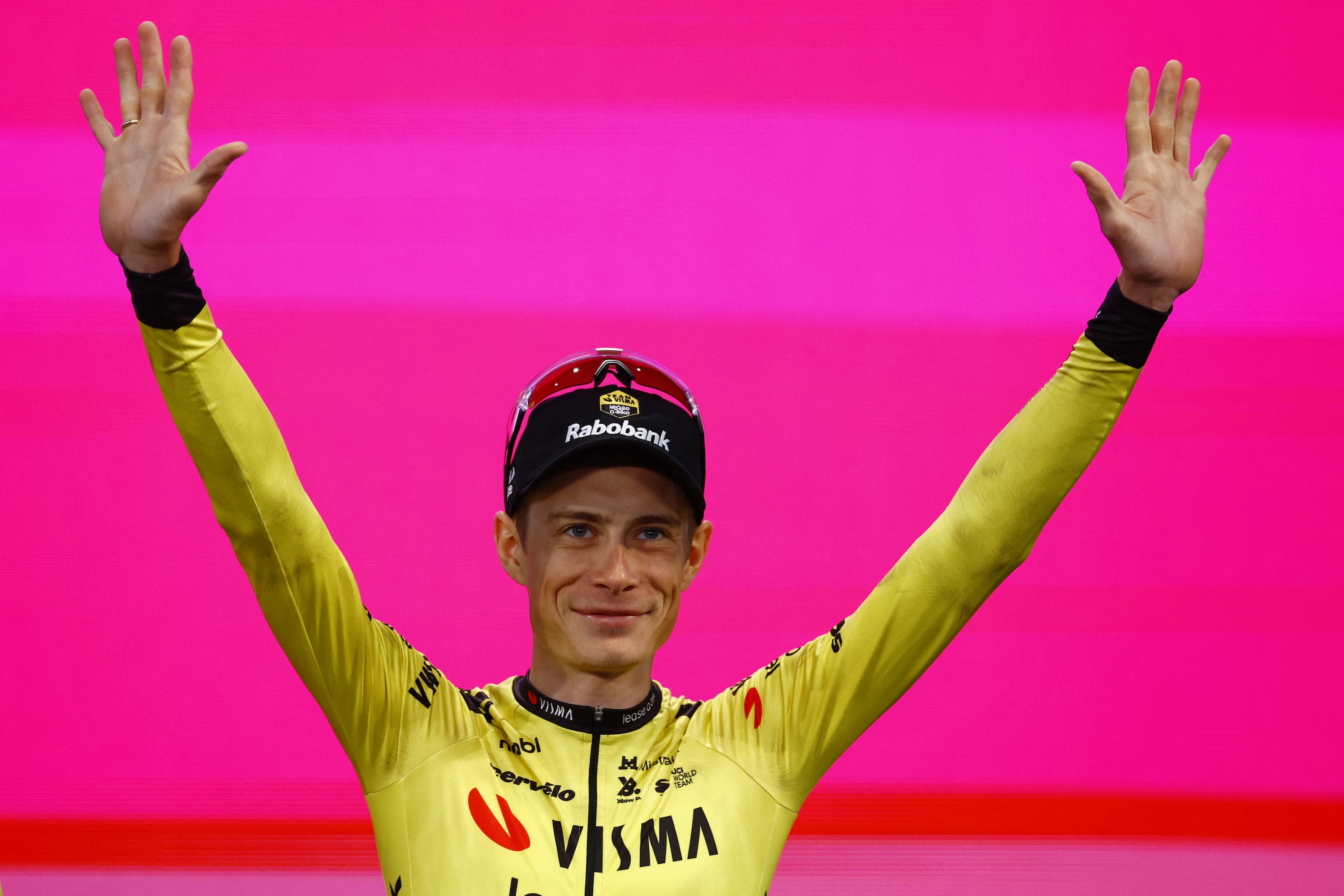 Jonas Vingegaard on stage at the Giro d'Italia presentation