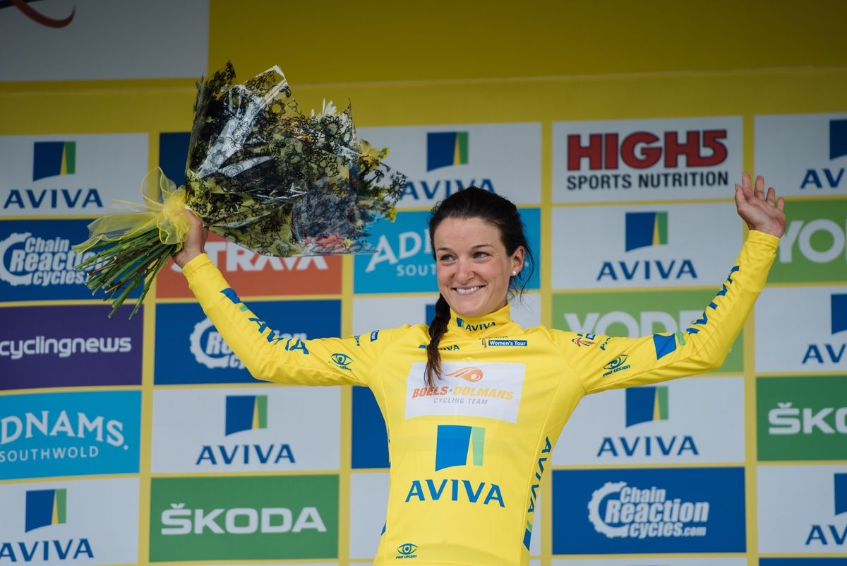 Lizzie Armitstead on the stage 4 podium at the Aviva Women's Tour