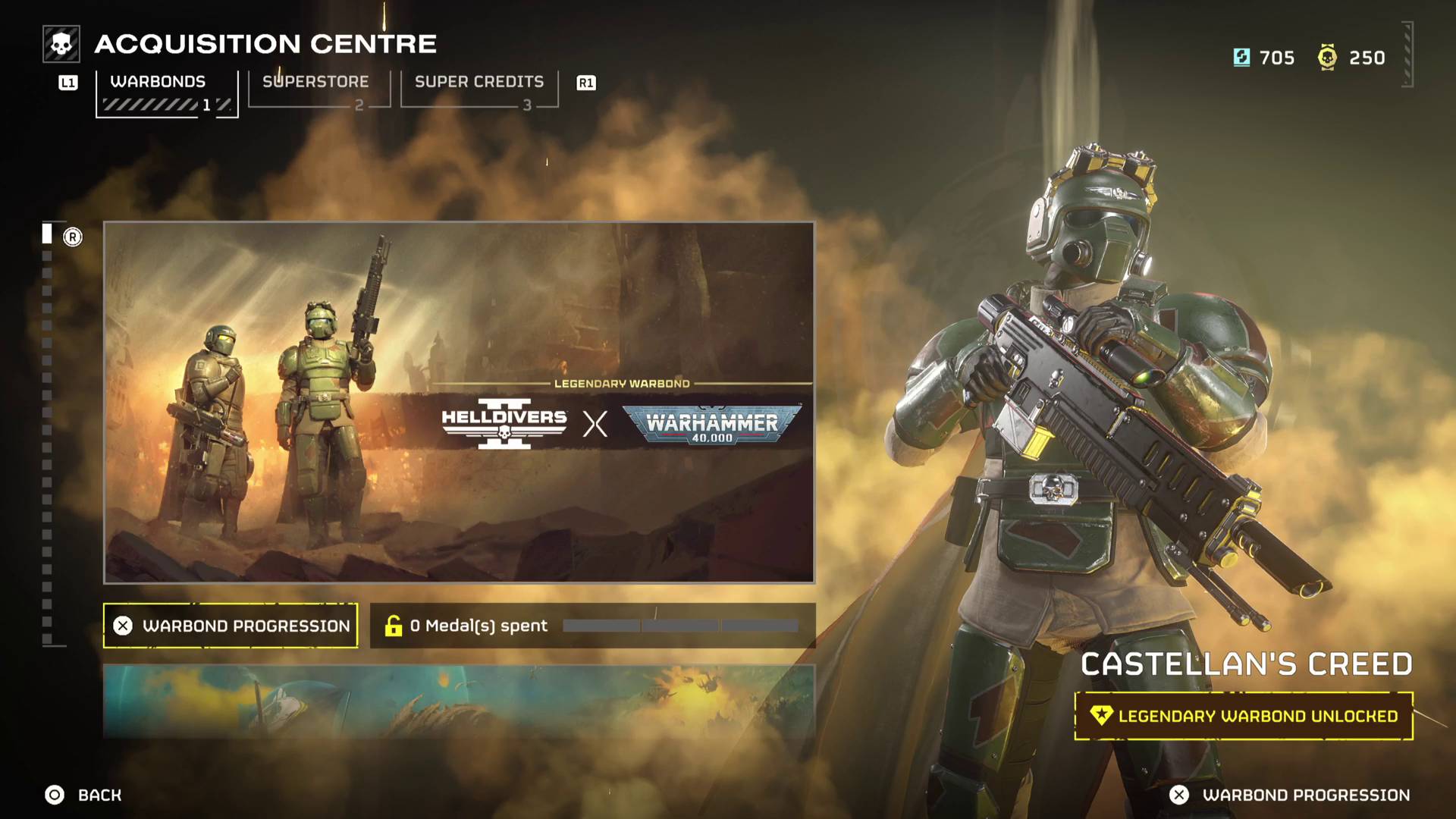 Helldivers 2 Warhammer 40K Warbond store page with helldiver in full kasrkin gear holding hot-shot lasgun