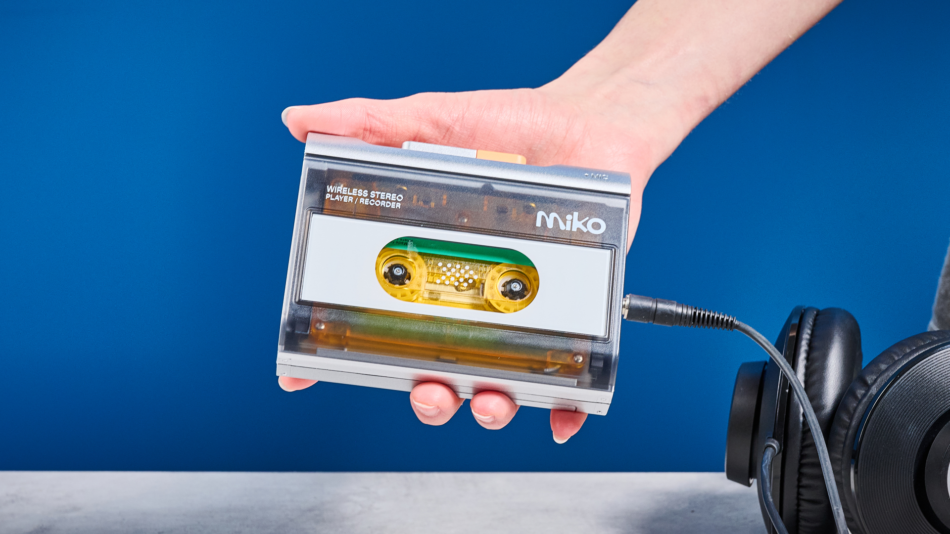 Gadhouse MIKO retro style cassette player photographed in front of a blue background.