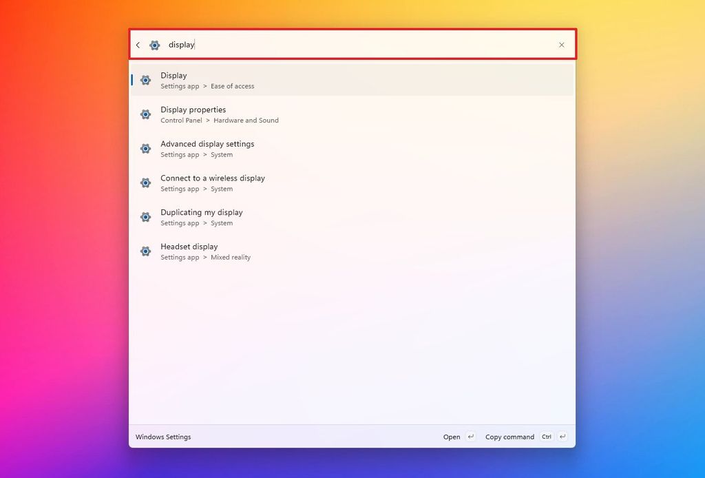 Command Palette search display