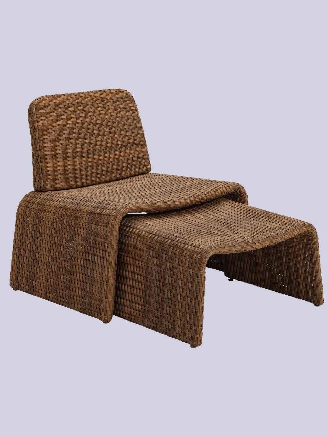 A cane outdoor garden chair with a leg rest