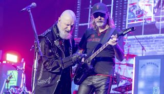Rob Halford (left) and Glenn Tipton perform in concert with Judas Priest during their 50 Heavy Metal Years tour at the HEB Center on March 20, 2022 in Cedar Park, Texas