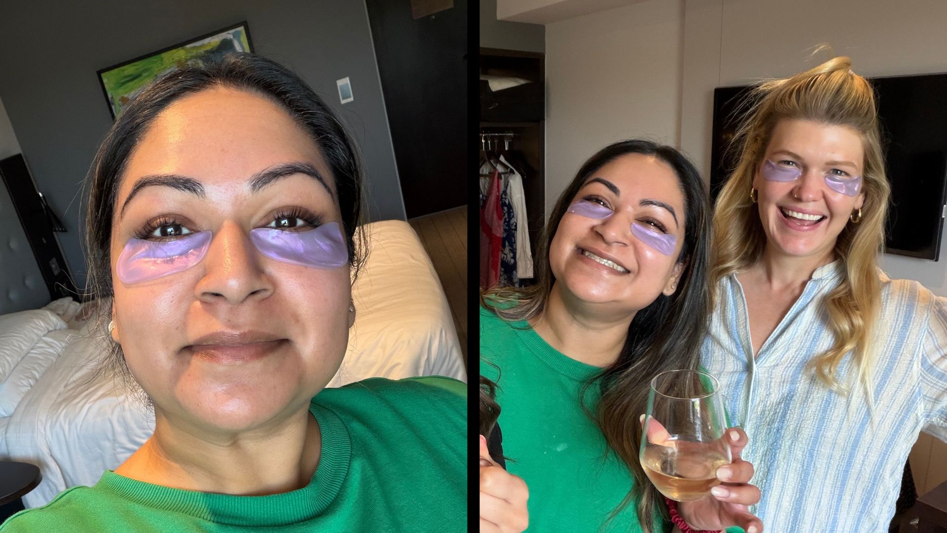 Aleesha Badkar and Fiona McKim wearing Grace &amp;amp; Stella eye masks