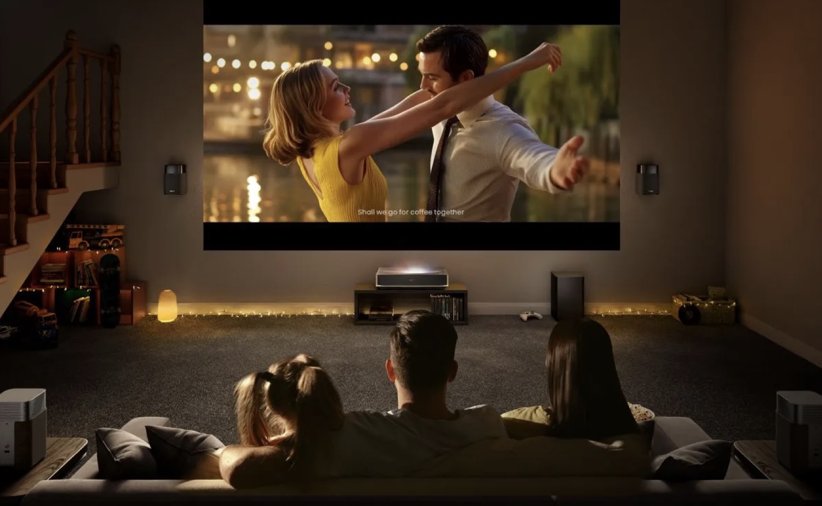 Hisense P1T projector lifestyle image showing a couple watching La La Land in a darkened room