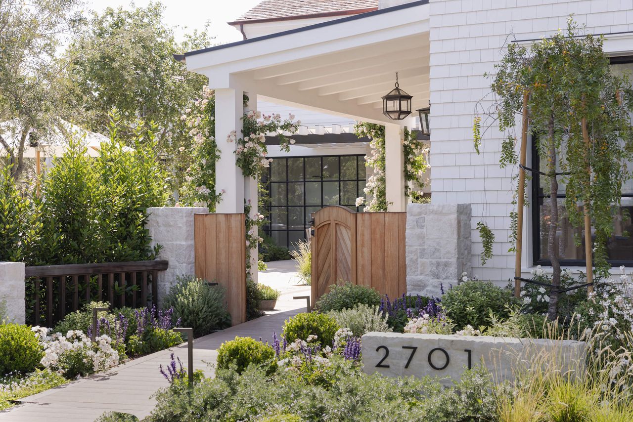 white wooden cladded house with green plants in front garden