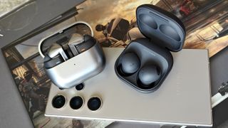 The Samsung Galaxy Buds 3 Pro next to the Galaxy Buds 2 Pro