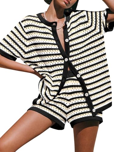 Saodimallsu Womens Crochet Swimsuit Coverup Summer Beach Sets Striped Knit Short Sleeve Button Shirts 2 Piece Short Set Black