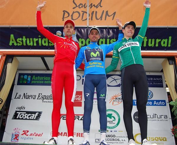 2012 Vuelta Asturias final podium (l-r): R&eacute;my Di Gregorio (Cofidis), Be&ntilde;at Intxausti (Movistar) and David De La Cruz (Caja Rural)