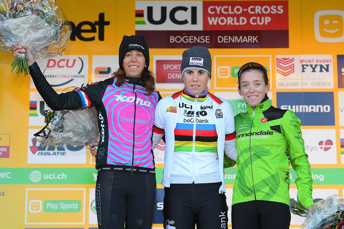 Helen Wyman, Sanne Cant and Kaitlin Keough on the podium in Bogense