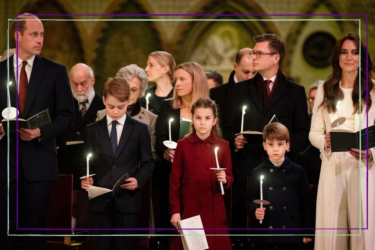  Prince William, Prince of Wales, Prince George, Princess Charlotte, Prince Louis and Catherine, Princess of Wales during the Royal Carols - Together At Christmas service at Westminster Abbey on December 8, 2023 in London,