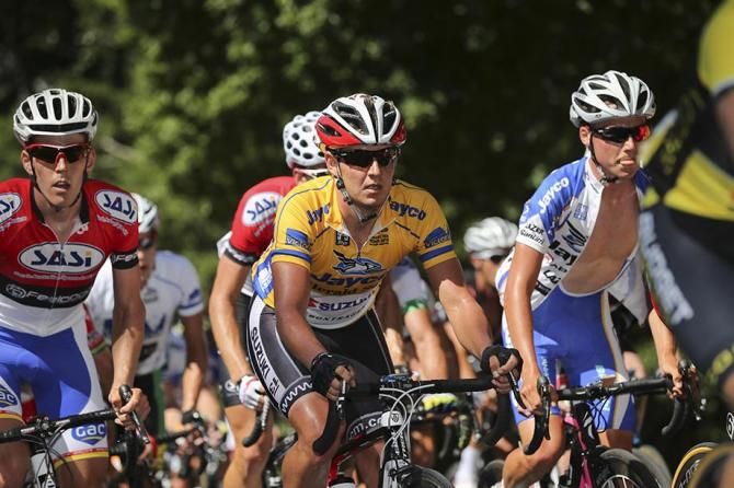 Jordan Kerby rides in the bunch.