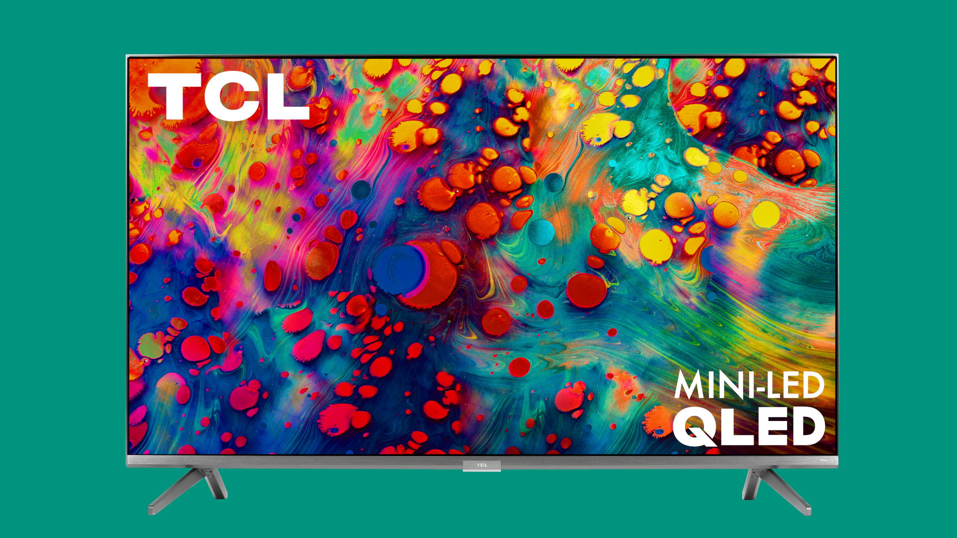 TCL 6-Series QLED TV dengan Mini LED (65 inci) dengan latar belakang hijau