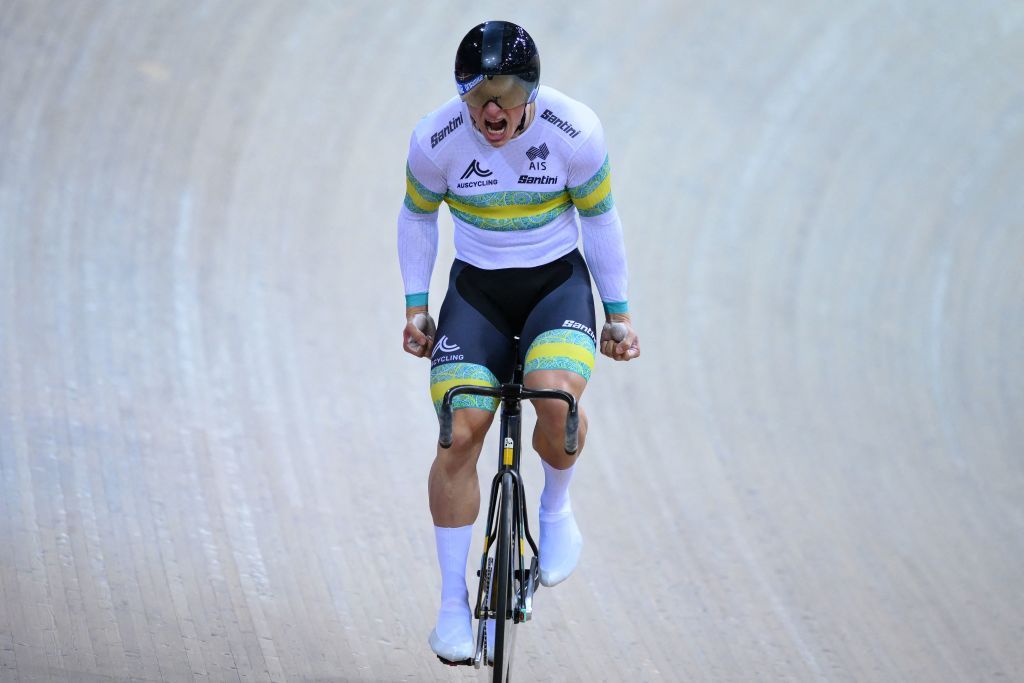 Australias Matthew Richardson celebrates his teams victory after winning the Mens Team Sprint finals during the UCI Track Cycling World Championships at the Velodrome of SaintQuentinenYvelines southwest of Paris on October 12 2022 Photo by AnneChristine POUJOULAT AFP Photo by ANNECHRISTINE POUJOULATAFP via Getty Images