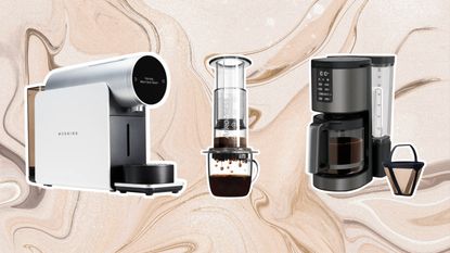 A trio of the best small coffee makers on brown swirled background including Drink Morning, Aeropress Glass and Ninja Programmable filter machine