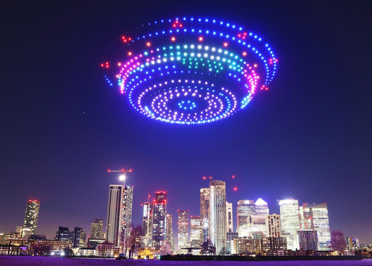 550 drones form UFOs, planets and phones in the sky above London, at the Samsung Galaxy S24 launch event