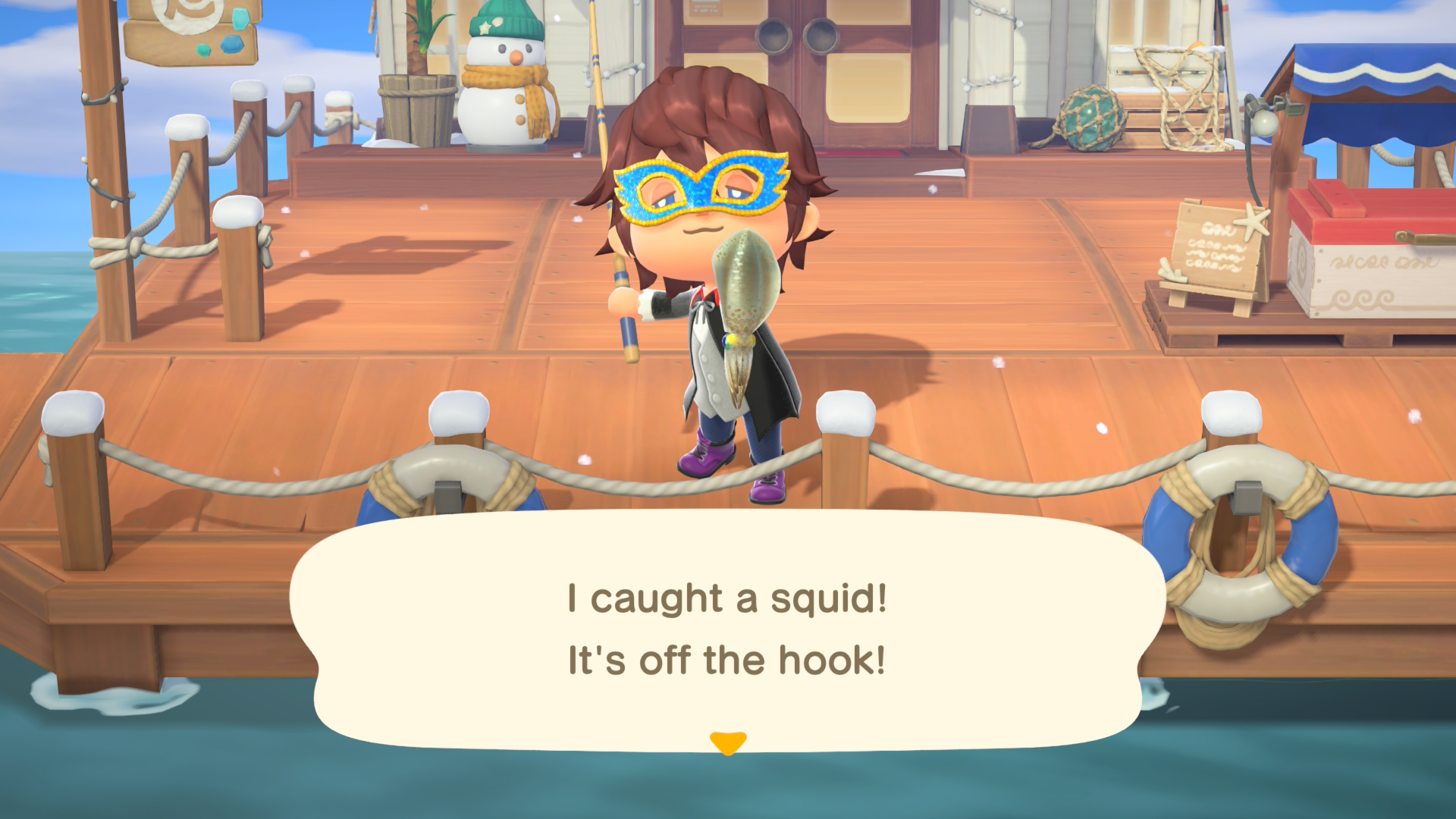 The villager catches a squid with a fishing rod in front of the Resort Hotel in Animal Crossing: New Horizons for Nintendo Switch 2