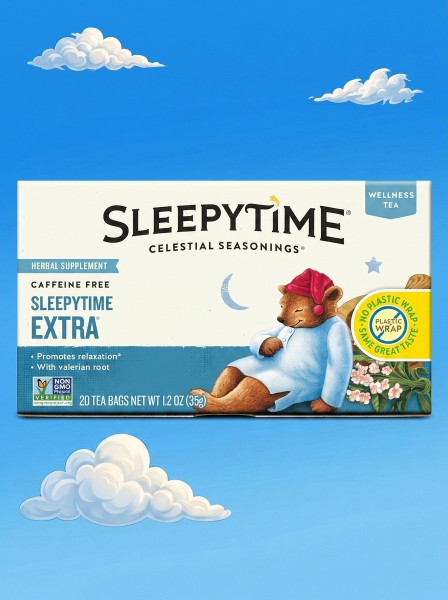 A box of Celestial Seasonings Sleepytime Extra Tea on a background of an illustrated sky edited by Gemini
