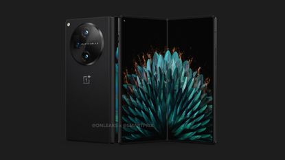 A render of the OnePlus Fold in black, on a black background