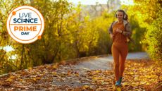 A Live Science Prime Day logo and a picture of a young woman running in the park while listening to her headphones