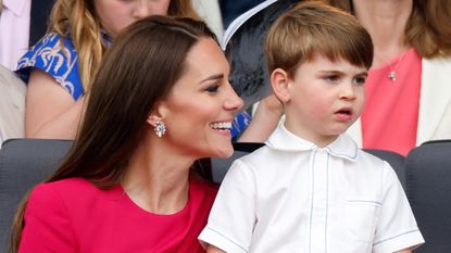 Kate Middleton reminisces over baby Louis Catherine, Duchess of Cambridge and Prince Louis of Cambridge attend the Platinum Pageant on The Mall on June 5, 2022 in London, England