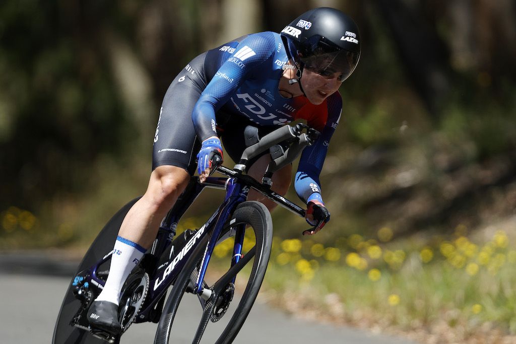 Grace Brown (FDJ-SUEZ) on her way to victory in the elite women&#039;s time trial at the AusCycling Road National Championships 2023