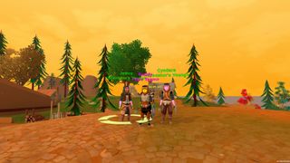 Screenshot from Erenshore, showing three old-school style mmo characters standing on a sunsetting hill.