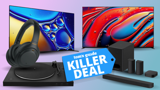 A selection of Sony TVs, headphones and audio gear on a pink and blue gradient background.