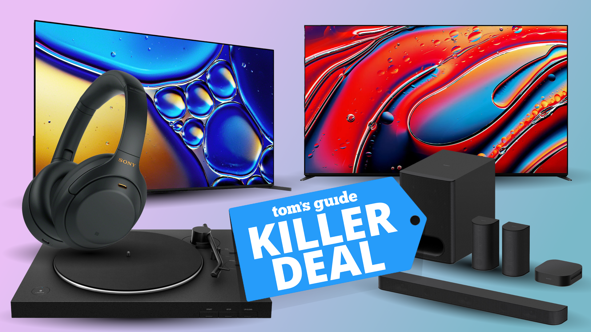 A selection of Sony TVs, headphones and audio gear on a pink and blue gradient background.