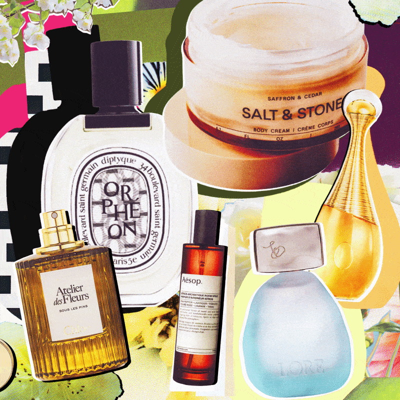 A collage of different glass fragrance bottles on an animated background with plants, flowers, and colors