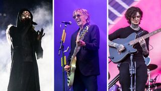 Left- Sleep Token performs on Day 3 of Leeds Festival 2023 at Bramham Park on August 27, 2023 in Leeds, England; Center-Justin Hawkins of The Darkness performs at Warwick Castle on July 04, 2024 in Warwick, England; Right-Tim Henson of the band Polyphia performs live on stage at the annual Rock Am Ring festival at Nuerburgring on June 09, 2024 in Nuerburg, Germany