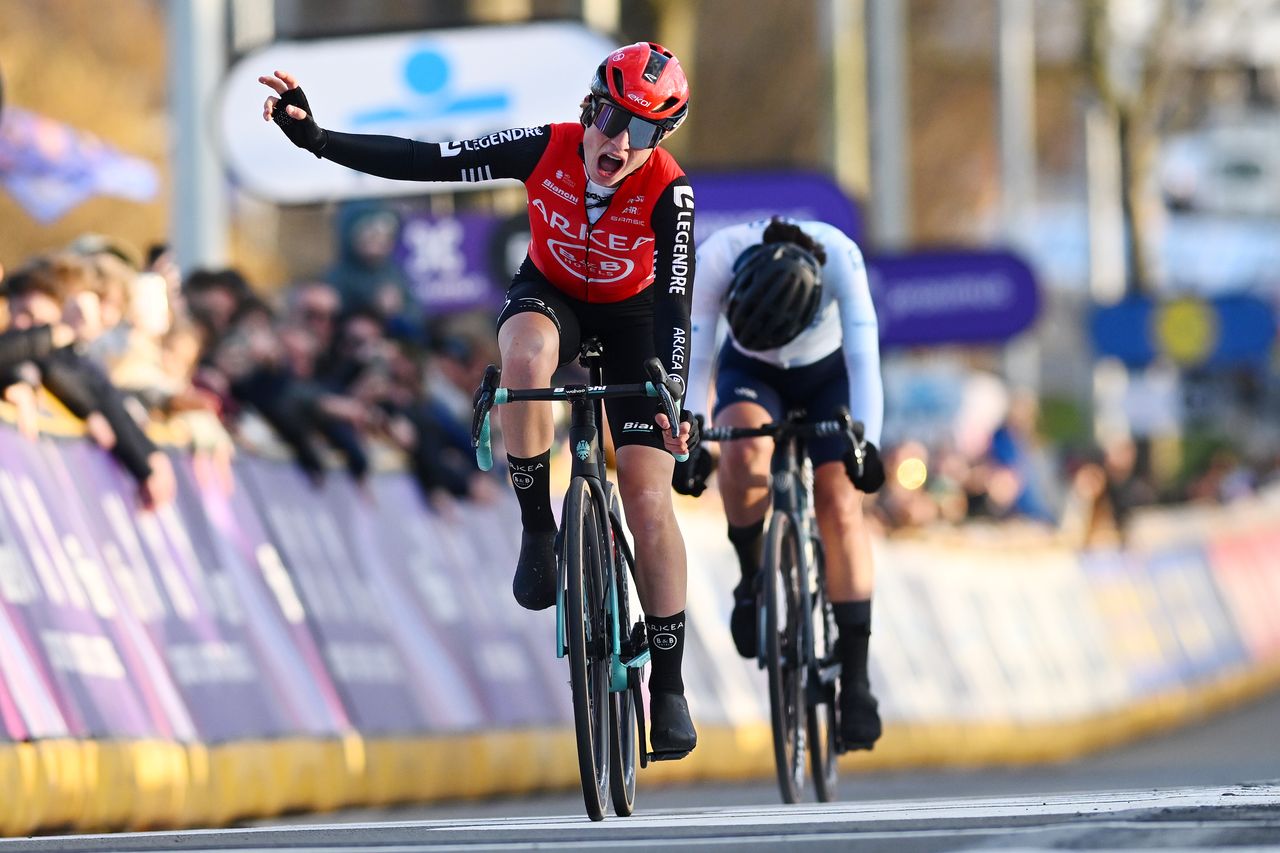 NINOVE, BELGIUM - MARCH 01: Lotte Claes of Belgium and Team Arkea - B&amp;B Hotels Women celebrates at finish line as race winner during the 17th Omloop Het Nieuwsblad 2025, Women's Elite a 137.9km one day race from Ghent to Ninove / #UCIWWT / on March 01, 2025 in Ninove, Belgium. (Photo by Luc Claessen/Getty Images)