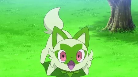 Pokemon's Sprigatito looks on in shock