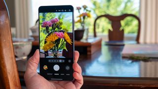 Taking a picture of flowers at 5x zoom using a Samsung Galaxy S26 Ultra