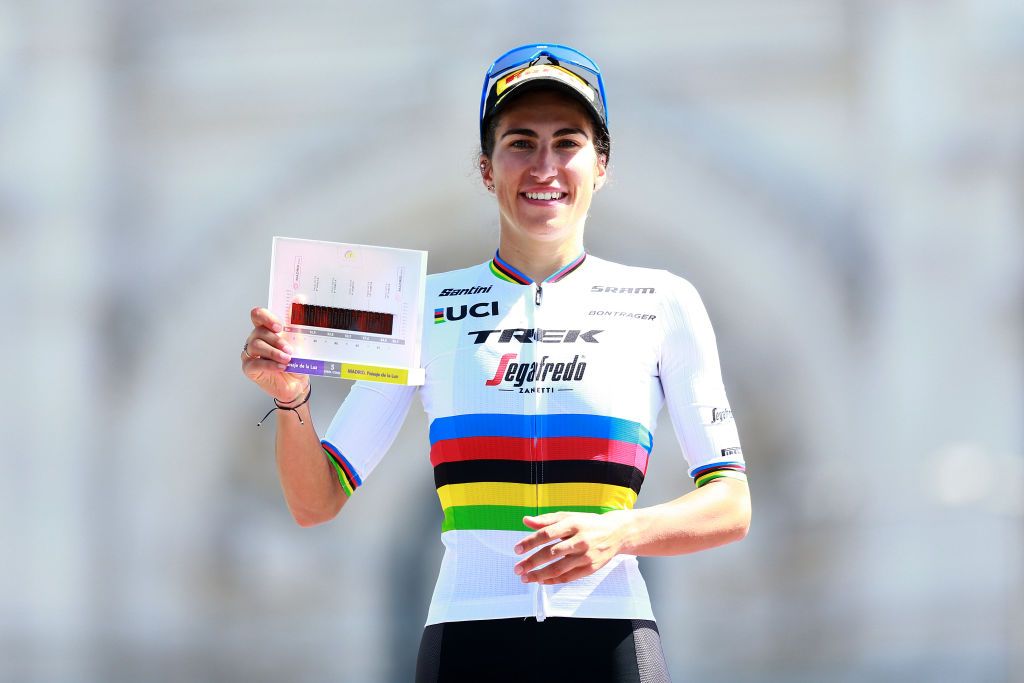 MADRID SPAIN SEPTEMBER 11 Elisa Balsamo of Italy and Team Trek Segafredo celebrates at podium as stage winner during the 8th Ceratizit Challenge By La Vuelta 2022 Stage 5 a 957km stage from Madrid to Madrid CERATIZITChallenge22 UCIWWT on on September 11 2022 in Madrid Spain Photo by Gonzalo Arroyo MorenoGetty Images