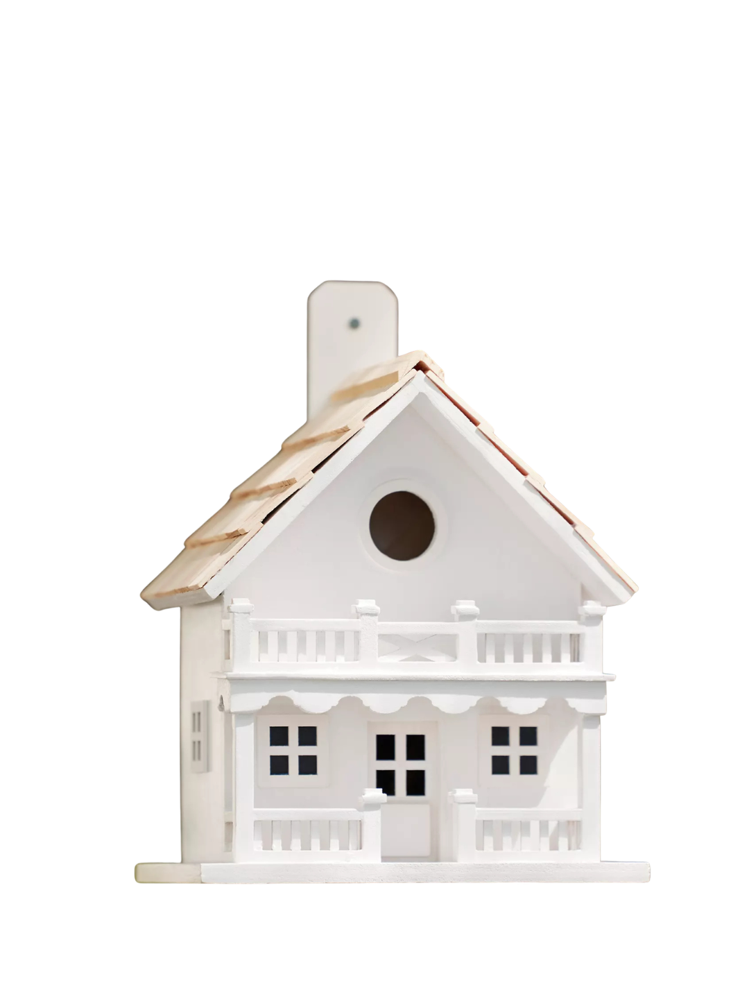 White and wood chalet bird house