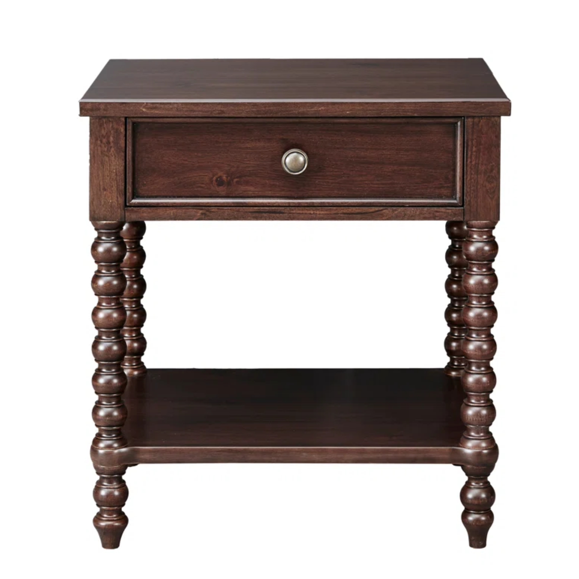 a side table with a drawer and bobbin like legs