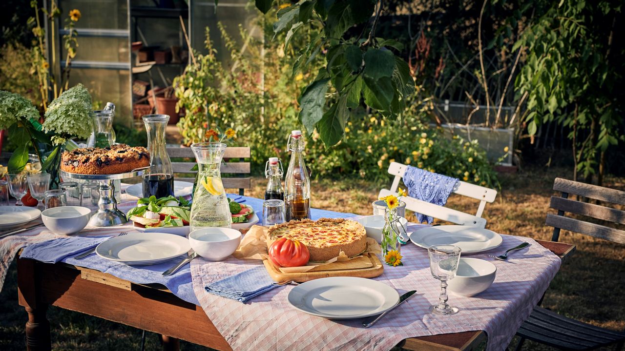 An outdoor dining table ready for an al fresco lunch