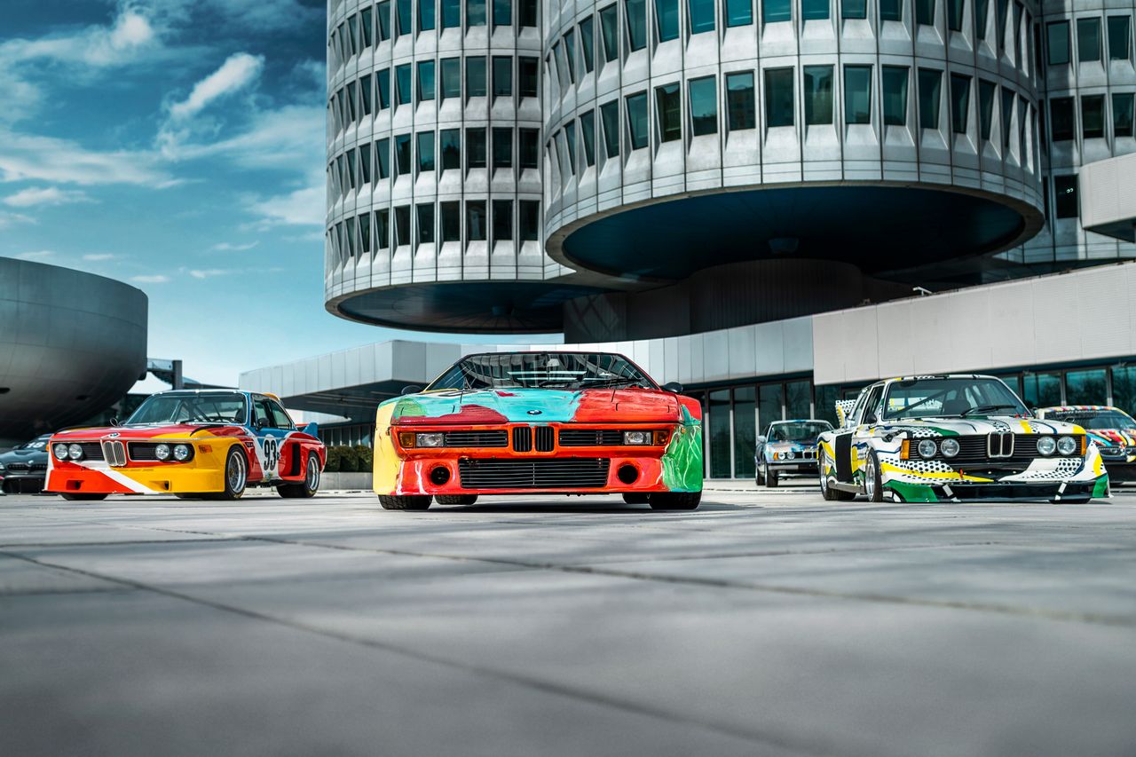 The BMW Art Cars in front of BMW Tower in Munich