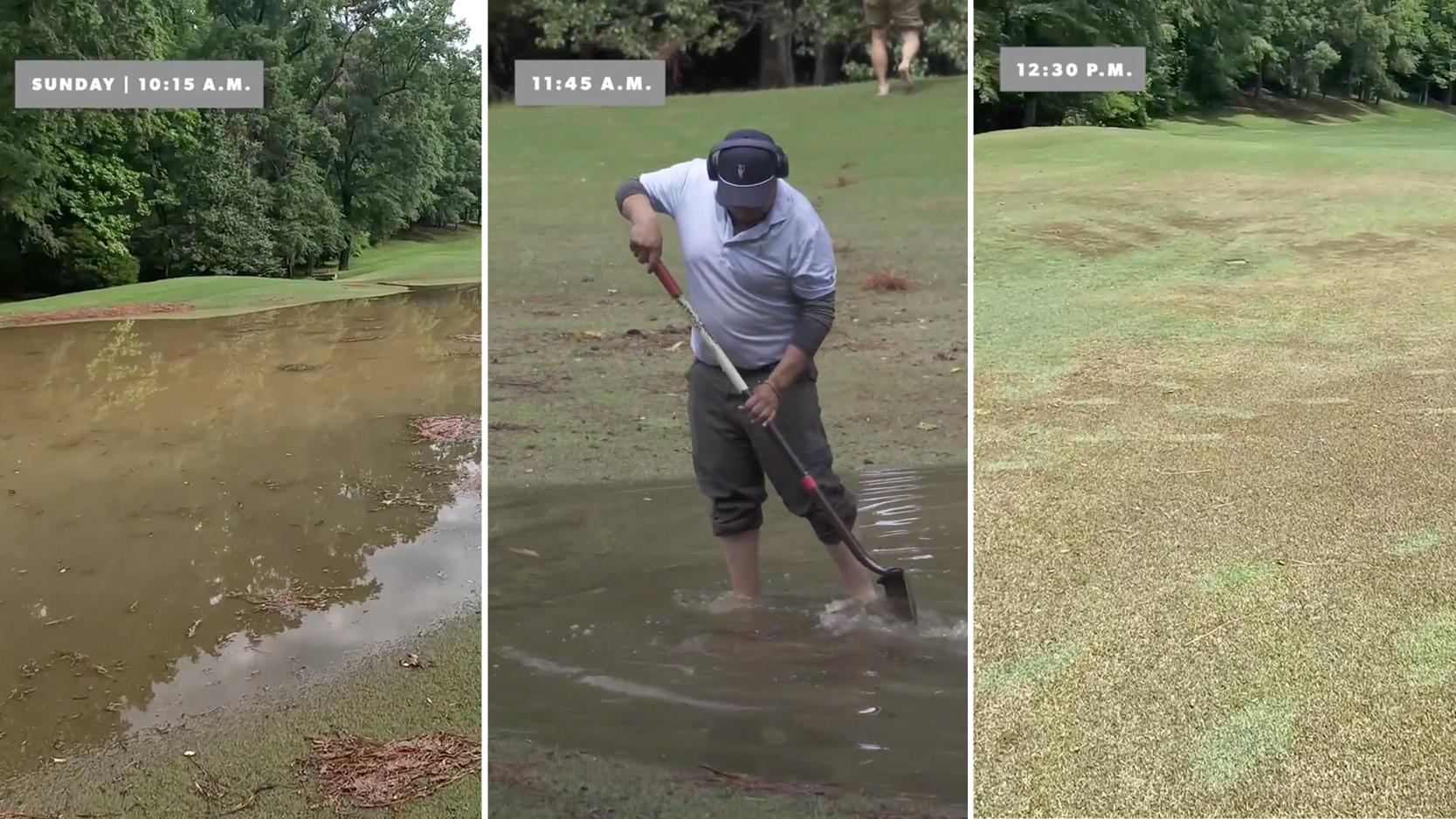 A three-image screen of how Greystone Golf &amp; Country Club was transformed from waterlogged to playable in a matter of hours