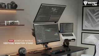 The Secretlab Vertical Monitor Stand with two attached, horizontally stacked displays and a laptop on a stand next to it.