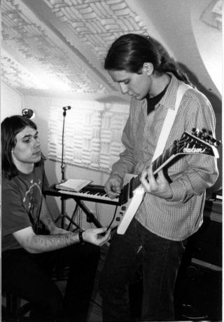 Producer Dan Swano assists Peter Lindgren. 1996.