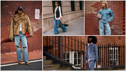 Street style collage of women showing how to wear baggy jeans at Fashion Week