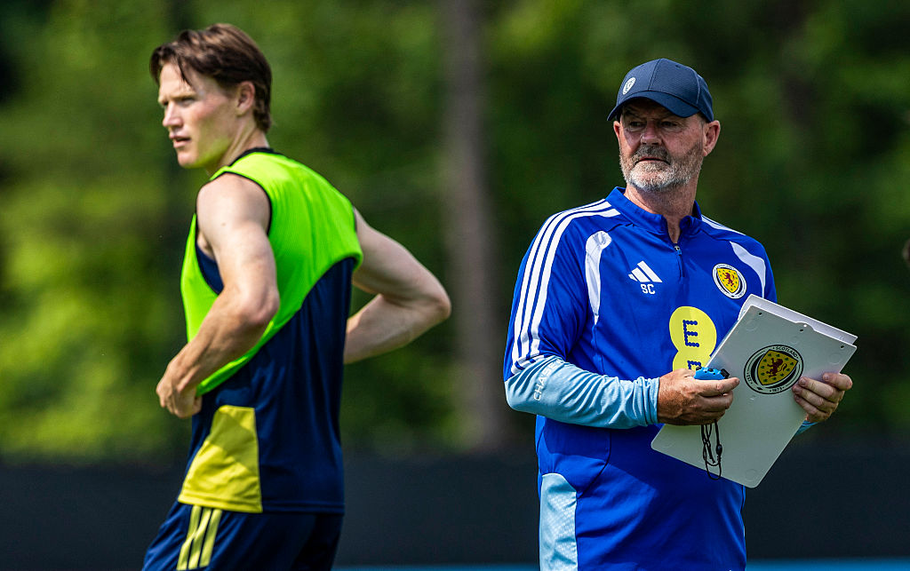 Head Coach Steve Clarke (R) and Scott McTominay (L) during a Scotland Men's National Team training session at Atrium Health Training Ground ahead of the 2026 FIFA World Cup