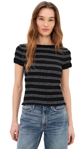 Madewell Women's Smocked Short Sleeve Tee, Jet Black, Xs