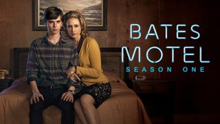 Bates Motel key art. Norma Bates holds onto Norman Bates' arm and puts her head on his shoulder with the logo next to them.