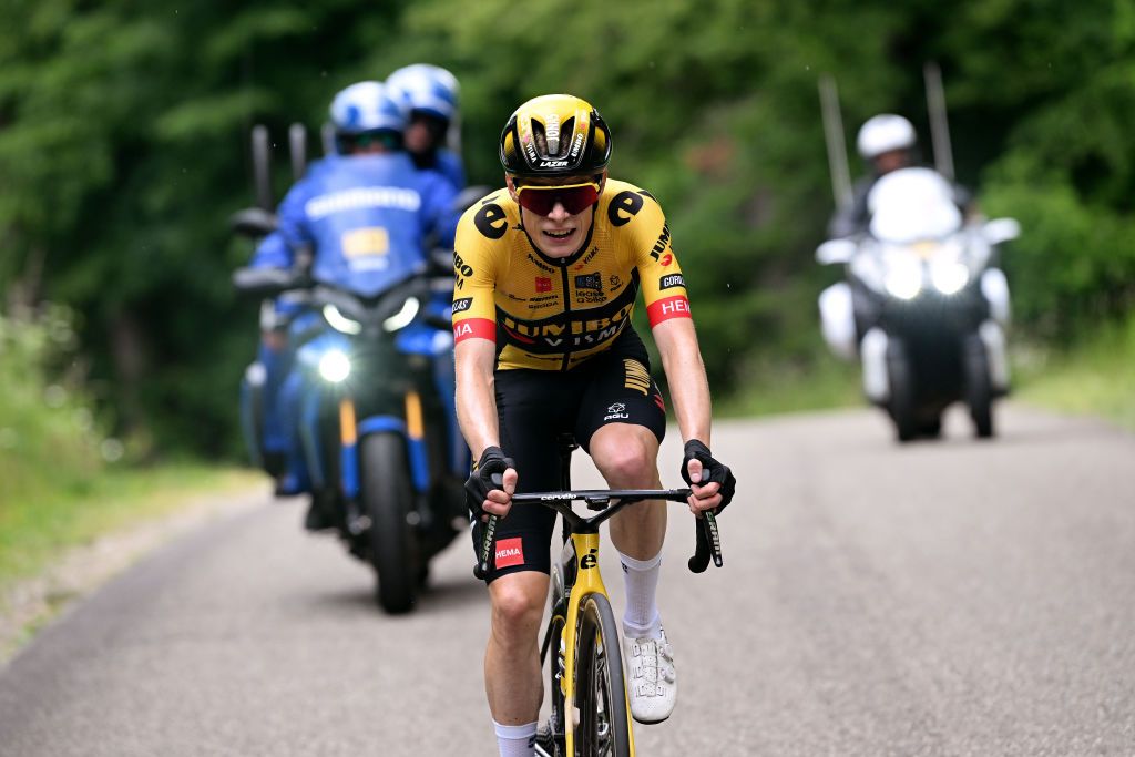 SALINSLESBAINS JUNE 08 Jonas Vingegaard of Denmark and Team JumboVisma competes in the breakaway during the 75th Criterium du Dauphine 2023 Stage 5 a 1911km stage from CormoranchesurSane to SalinslesBains UCIWT on June 08 2023 in SalinslesBains France Photo by Dario BelingheriGetty Images