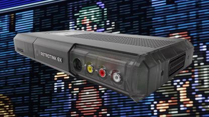 RetroTINK-6X CE upscaler at an angle with composite and S-video inputs on front and close up of Final Fantasy 6 visuals in backdrop.