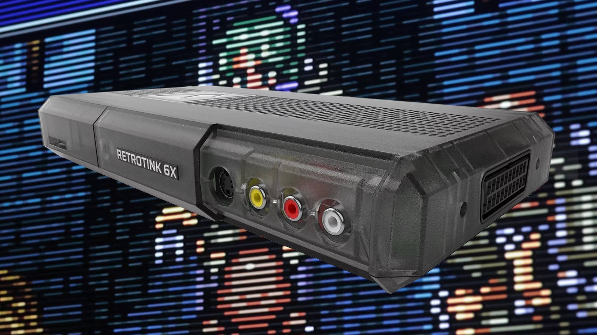 RetroTINK-6X CE upscaler at an angle with composite and S-video inputs on front and close up of Final Fantasy 6 visuals in backdrop.