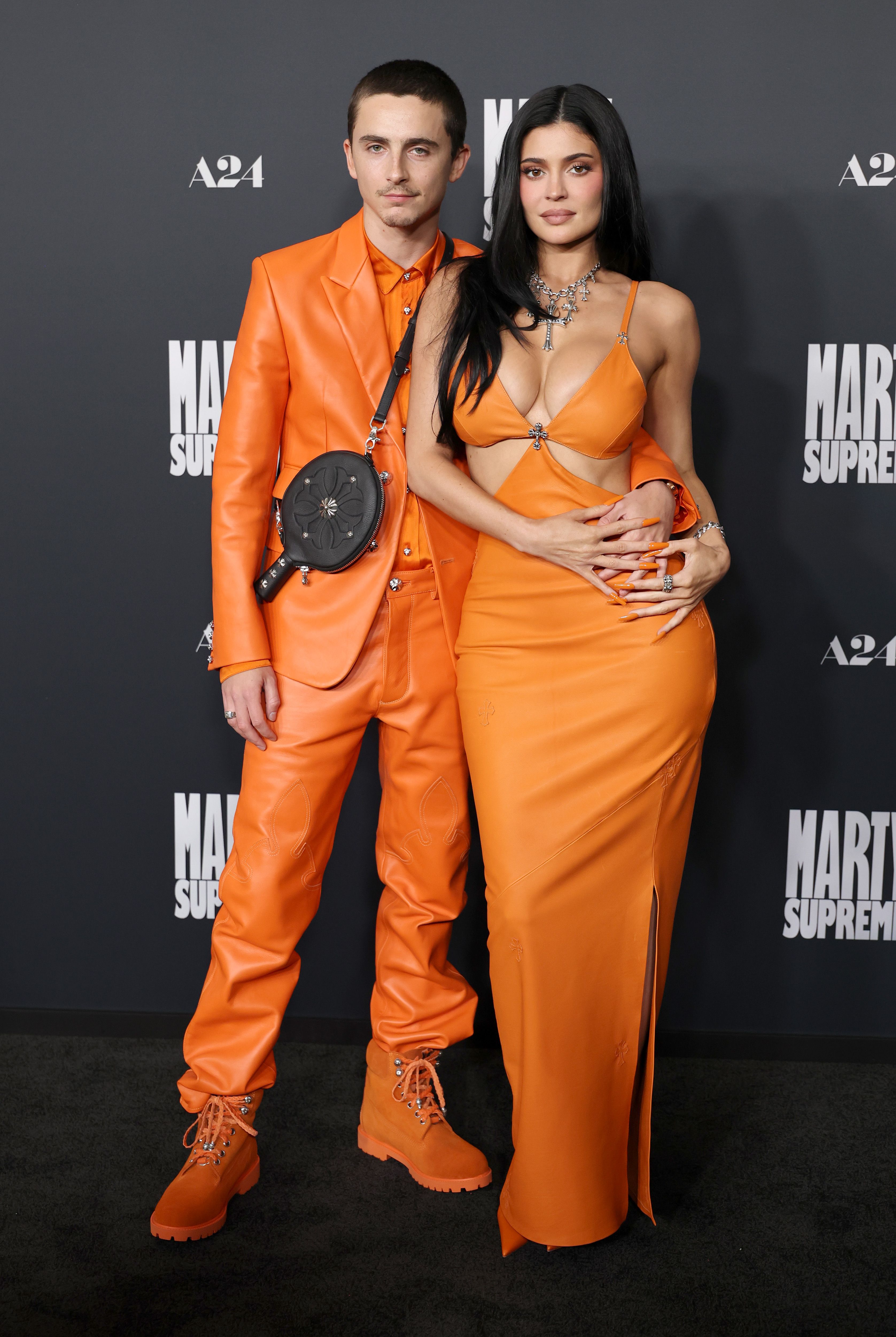 Timoth&amp;eacute;e Chalamet and Kylie Jenner walked the red carpet together at the Marty Supreme premiere in matching orange leather looks